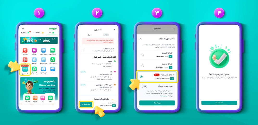 Four mobile screens showing Snapp Pro subscription steps: pick service, choose plan, confirm, success.