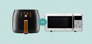 Air fryer vs microwave comparison on blue background