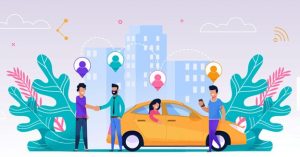 Carpooling illustration with people, yellow car, location pins, and city background.
