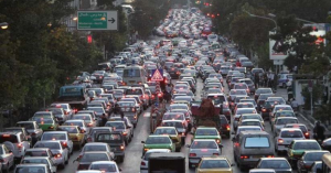 Heavy traffic congestion on a busy city street in Tehran