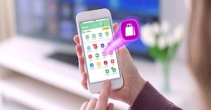 Woman using Snapp app on smartphone with shopping icon glowing. 