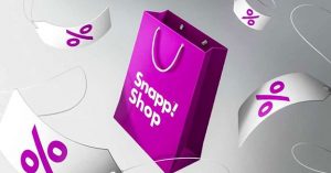 Purple Snapp! Shop bag surrounded by floating discount tags. 