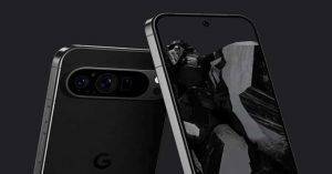Close-up of a sleek black Google Pixel smartphone with a triple rear camera design.