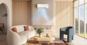 Modern living room with cozy furniture, wooden walls, and an air conditioner blowing cool air.