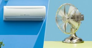 Split-screen comparison of an air conditioner mounted on a blue wall and a metallic table fan on a blue and green background.