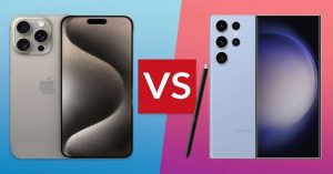 Side-by-side comparison of iPhone and Samsung Galaxy smartphones with a 'VS' symbol in the center.