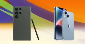 Comparison of Samsung Galaxy smartphone with S Pen and Apple iPhone, displayed on a colorful gradient background. 