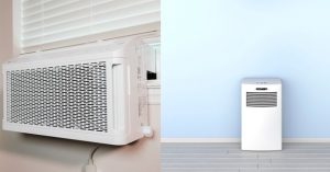 Side-by-side comparison of a window air conditioner unit and a portable air conditioner on a blue wall background.