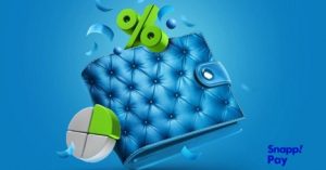 Blue leather wallet with a green percentage sign, Snapp! Pay logo, and financial-themed icons on a blue background.
