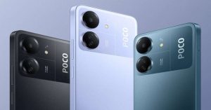 Three POCO smartphones in black, blue, and green colors, showcasing their dual rear cameras