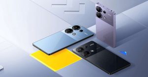 Three POCO smartphones in blue, black, and purple colors displayed in a modern, geometric setup.