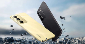Gold and black Realme smartphones with triple rear cameras showcased in a rugged, rocky environment.
