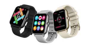 Three colorful smartwatches with fitness, music, and notification features