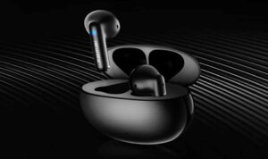 Sleek black Xemai wireless earbuds with glowing LED in open case on dark background.