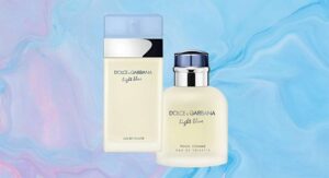 Dolce & Gabbana Light Blue Eau de Toilette bottles for men and women against a pastel blue and pink background
