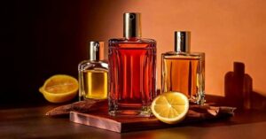 Citrus and spice-themed perfume bottles with lemon and cinnamon on warm-toned background