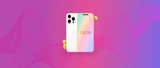 iPhone with iOS 26 on colorful gradient background