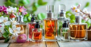 Elegant perfume bottles with floral decorations on a wooden table in a natural setting