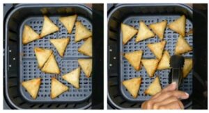 Mini samosas cooking in an air fryer basket, flipped with tongs.

