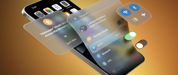 iPhone screen showing iOS 26 control center and permissions UI