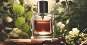Luxury perfume bottle with dark amber liquid surrounded by green leaves and white flowers