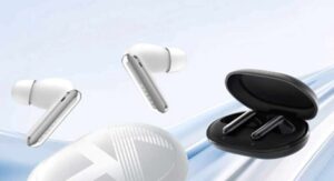 White and black wireless earbuds with charging case on a futuristic light blue background.