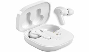 White wireless earbuds with open charging case on white background.