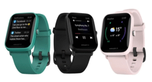 Three Amazfit smartwatches displaying notifications, music, and weather