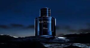 Dior Sauvage Elixir perfume bottle against dark night sky and rocky surface 