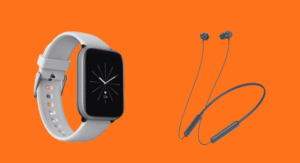 Smartwatch and wireless neckband earphones on orange background