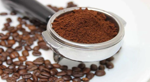 Fresh espresso ground coffee in portafilter surrounded by roasted beans on white background