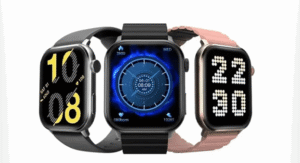 Three smartwatches with different bands and digital watch faces