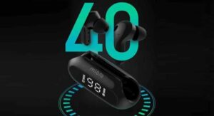 Black Mibro wireless earbuds with digital charging case on a futuristic black background.