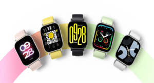Five colorful smartwatches with different watch faces and band colors