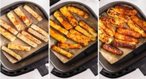 Cooking halloumi cheese in air fryer at different stages.