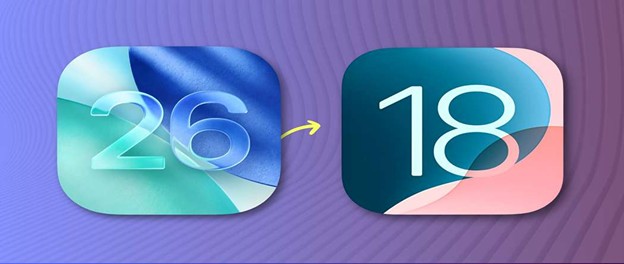 iOS 26 and iOS 18 icons comparison on gradient background