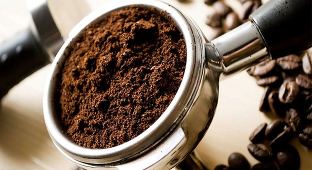 Freshly ground coffee in espresso portafilter with coffee beans around