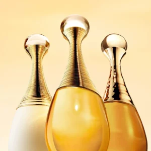 Dior J'adore women's perfume bottles in golden tones – elegant floral fragrance collection