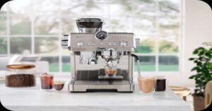 DeLonghi espresso machine with grinder brewing coffee, surrounded by various coffee drinks and beans.


