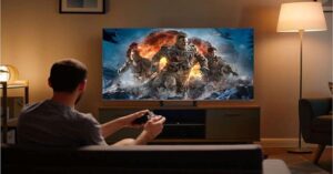 Man playing video game on large TV in cozy living room.