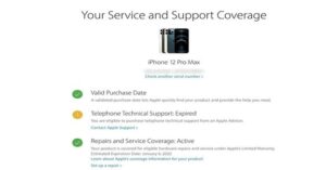 Apple iPhone 12 Pro Max service and support coverage status screen.