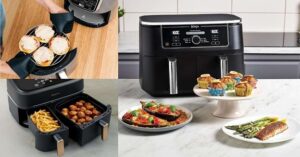 Various air fryers cooking fries, meatballs, muffins, and grilled vegetables. 
