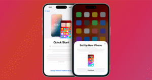 Two iPhones showing Quick Start and Set Up New iPhone screens.