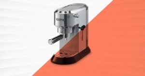 DeLonghi espresso machine displayed against a split white and orange background.

