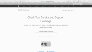 Apple warranty check page with serial number and CAPTCHA input fields.
