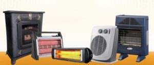 Different types of gas and electric heaters displayed on a white background.