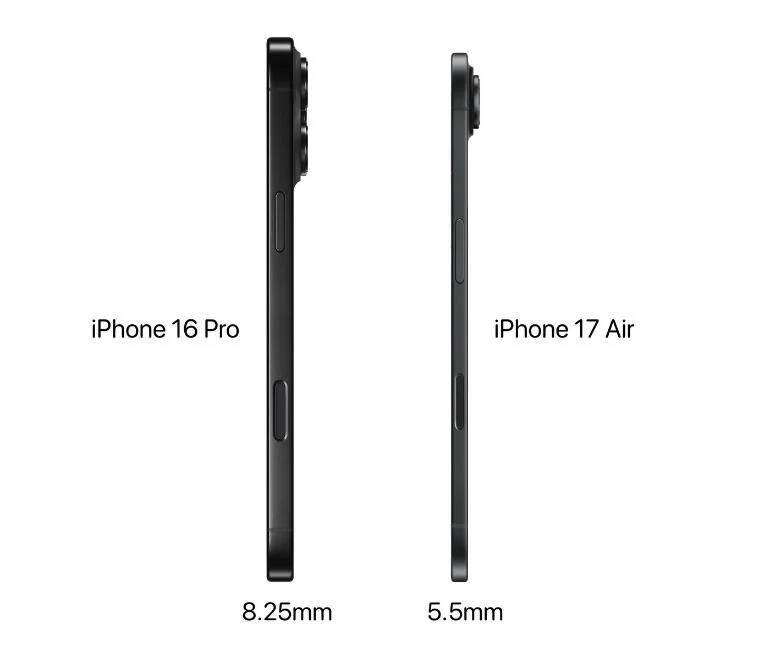 Side-by-side thickness comparison of iPhone 16 Pro and iPhone 17 Air