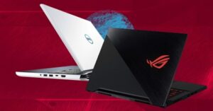 White and black gaming laptops with brand logos on a vibrant background.