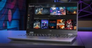 Gaming laptop screen showing the Xbox Game Pass library and game tiles.