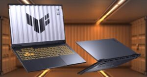 ASUS TUF gaming laptop floating in a futuristic, container-like setting.